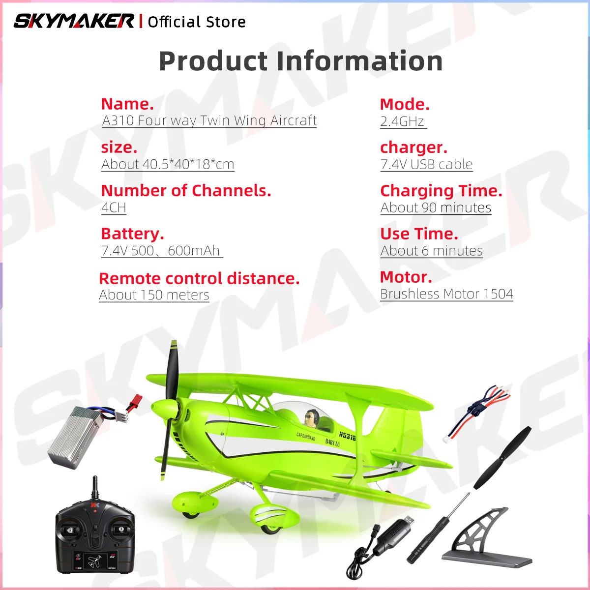 새로운 WLtoys A310 RC 비행기 2.4G 브러시리스 모터 3D6G 자이로스코프 듀얼 날개 4채널 비행기 어린이 남자아이 장난감 선물