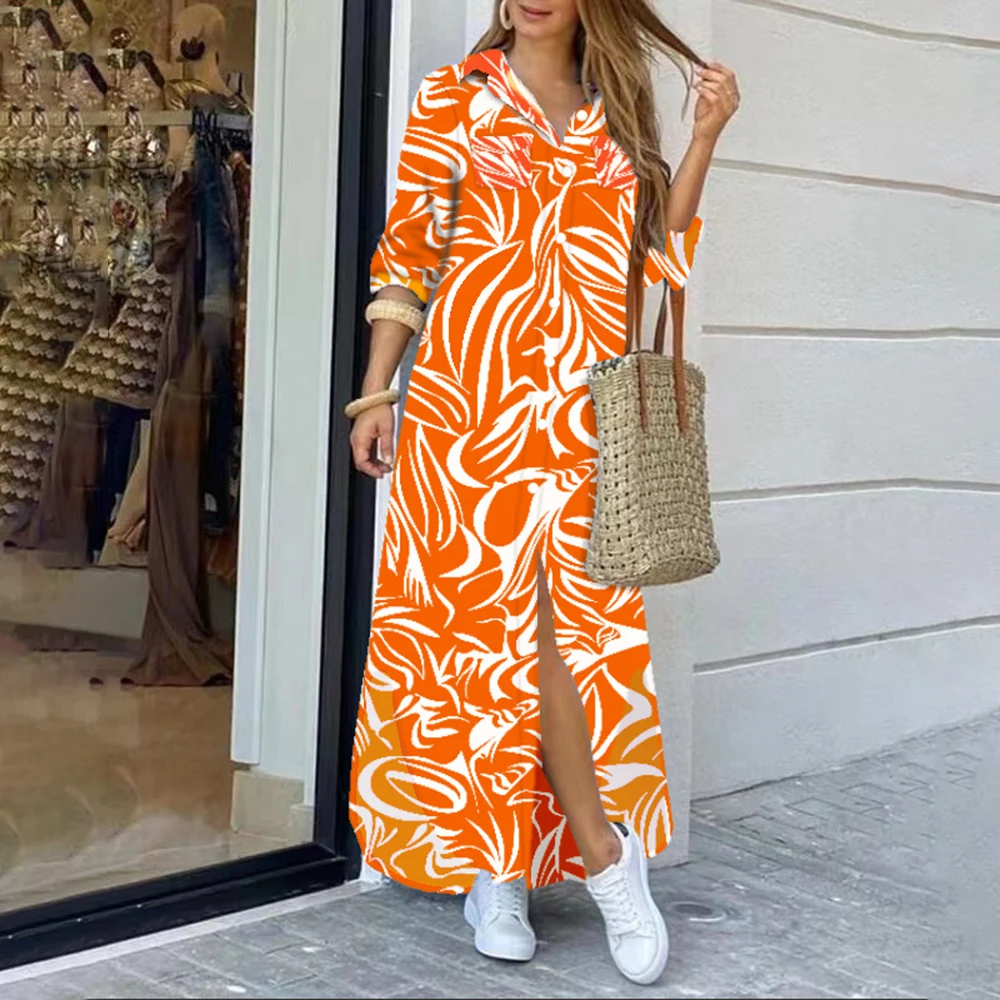 

Long Dresses For Women 2024 Spring Summer Casual Loose Print Long Shirt Dress Button Long Sleeve Midi Elegant Vintage Vestidos