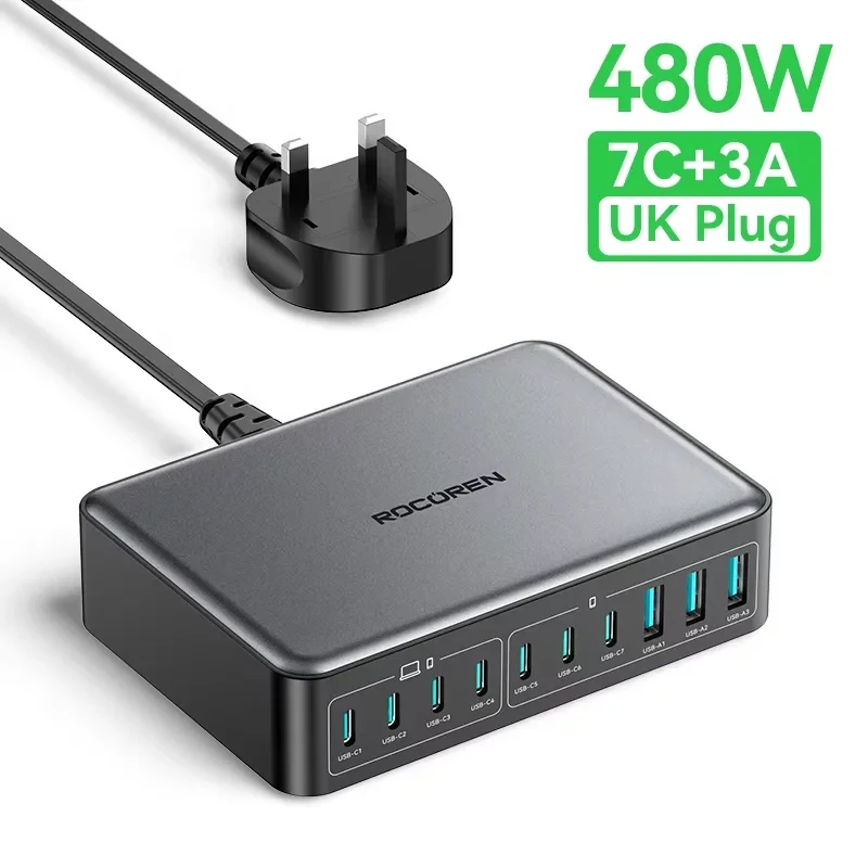 شاحن Rocoren USB C بقوة 480 واط، محطة شحن متعددة ا...