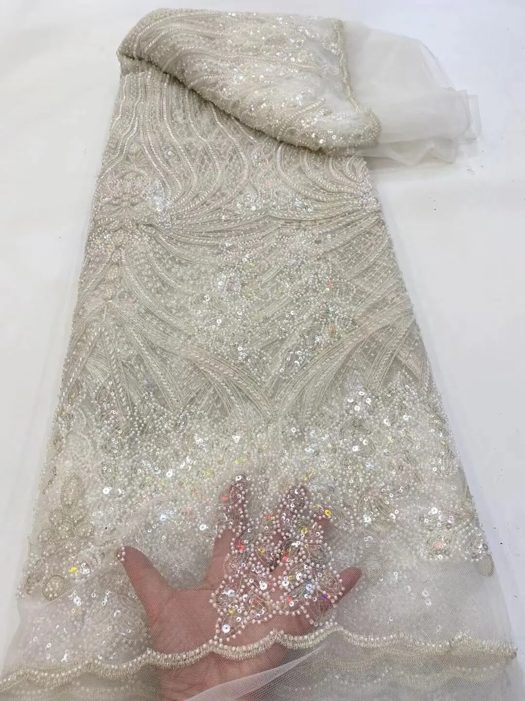 

Роскошные Тяжелые бусины и блестки Свадебная искусственная кружевная ткань Высококачественная Тюлевая кружевная ткань для вечернего платья