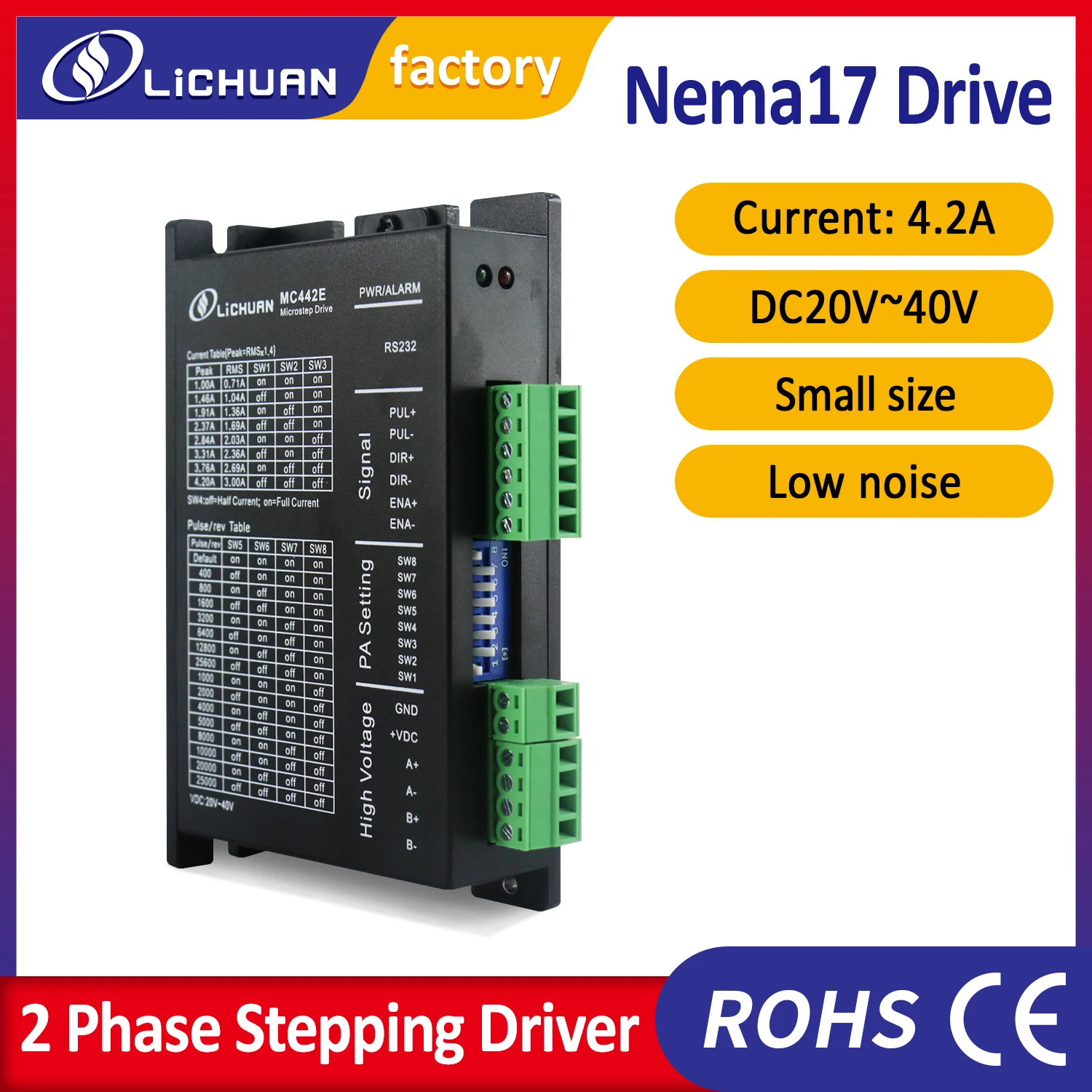 디지털 스테퍼 드라이버 MC442E 4.2A 20-40VDC 네마 17,23 스테퍼 모터 펄스+방향 제어용