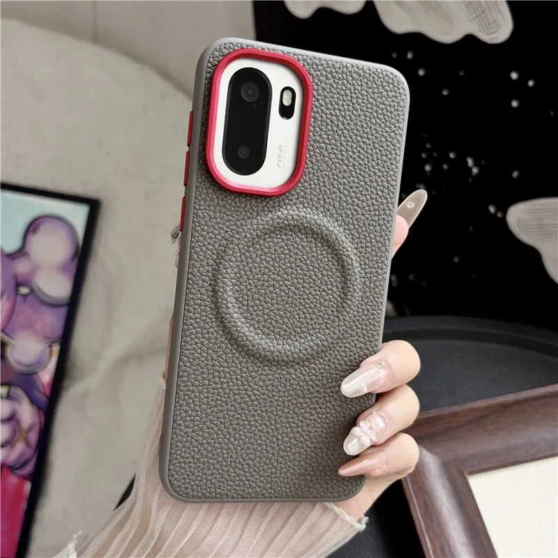 Luxury Magnetic Lychee Pattern PU Leather Non-Slip Phone Case with Metal Camera Frame