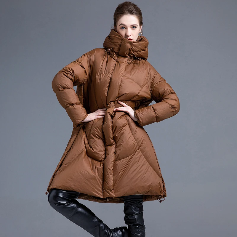 

2023 New arrival Down coat hooded women's fashion mid length personalized thick cold resistant 90% White Duck Down Coat hooded
