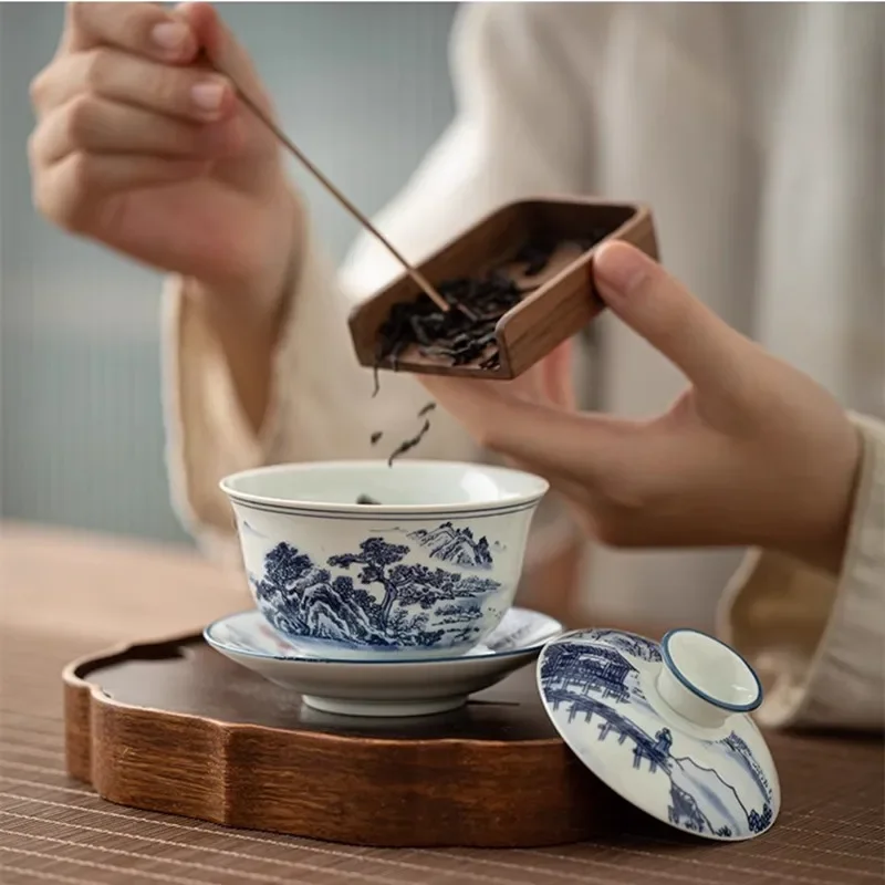 Blue and White Porcelain Sancai Covered Bowl, Single Tea Bowl with Lid, Non Scalding Kungfu Tea Set, Household Ceramic Maker