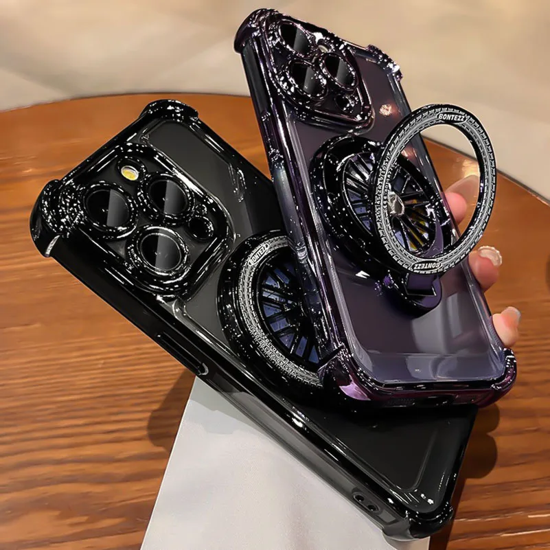 Luxury Plating Rotating Gyro Bracket Case For iPhone 17 Pro Max Air 12 13 14 15 16 Pro For Magsafe Airbag Shockproof Phone Cover view 2