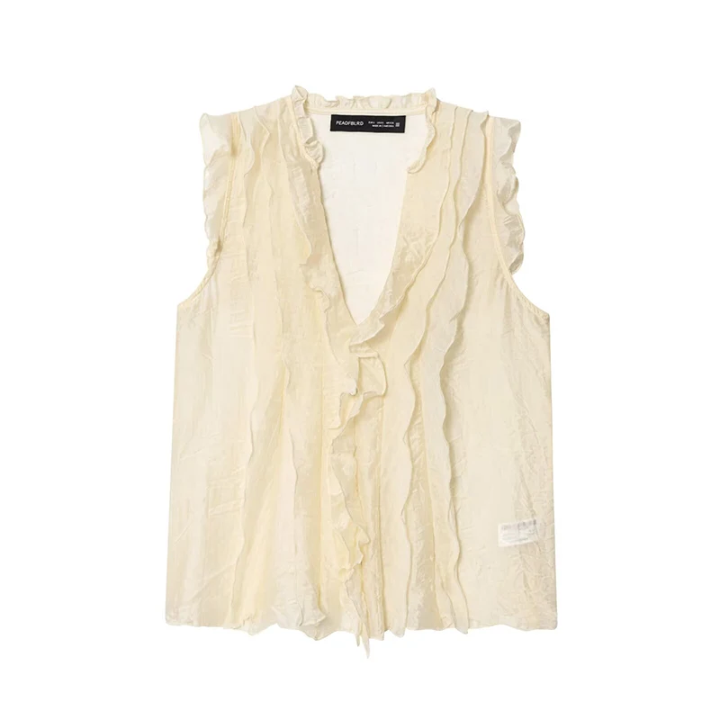 New Ruffles Tops Fashion Semi-Transparent Short Top Woman 2025 Sleeveless Ruched Tops For Women Elegant Party Top