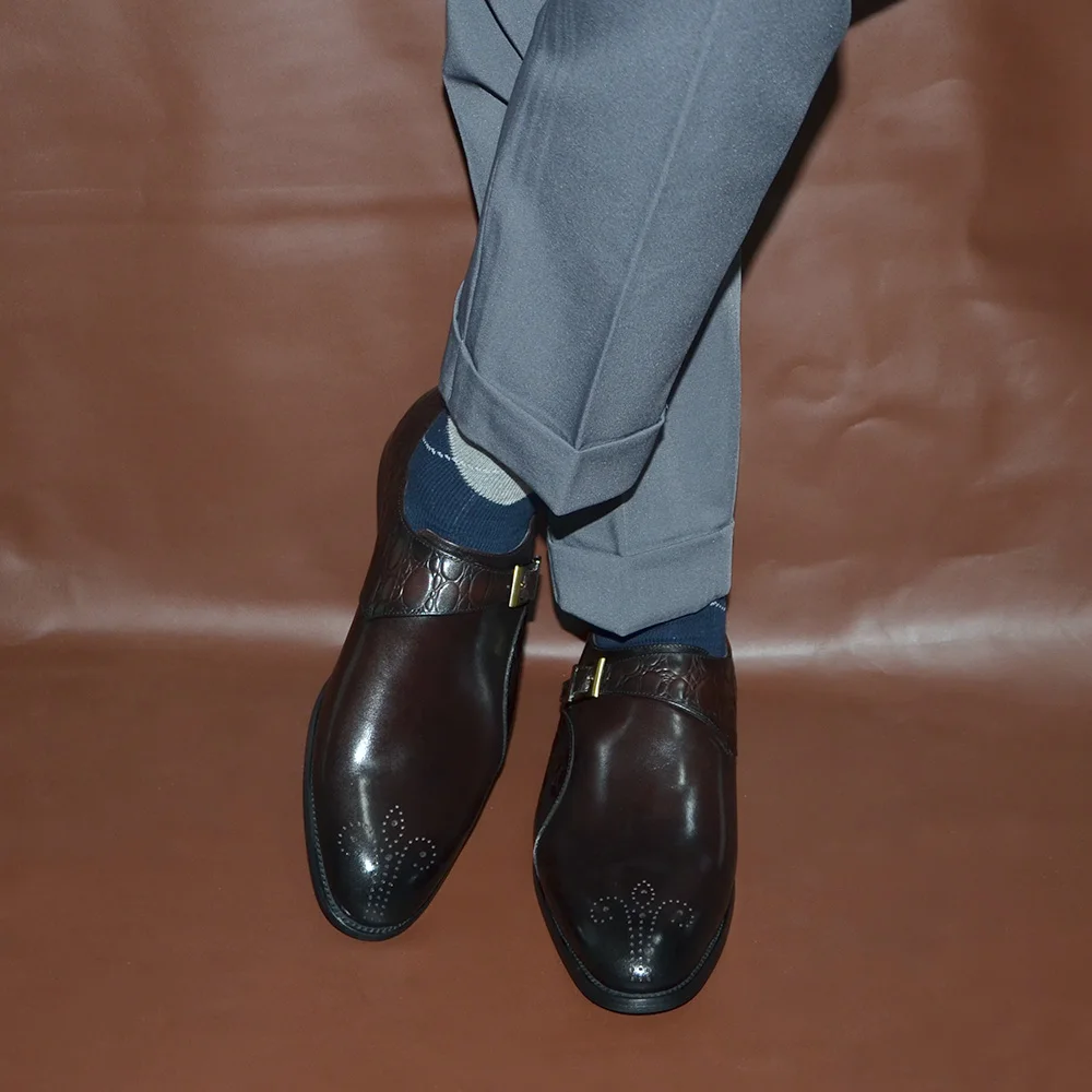 Leather Shoes Classic Designer Monk Strap Dress Shoes for Men Genuine Cow Leather Single Buckle Crocodile Prints Oxford Business Men's Shoe