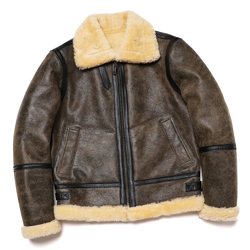 

New B3 Shearling Wool Fur Sheepskin Leather Jacket Men Bomber 3 Genuine Coat Warm Winter Clothing Vintage Jackets Man
