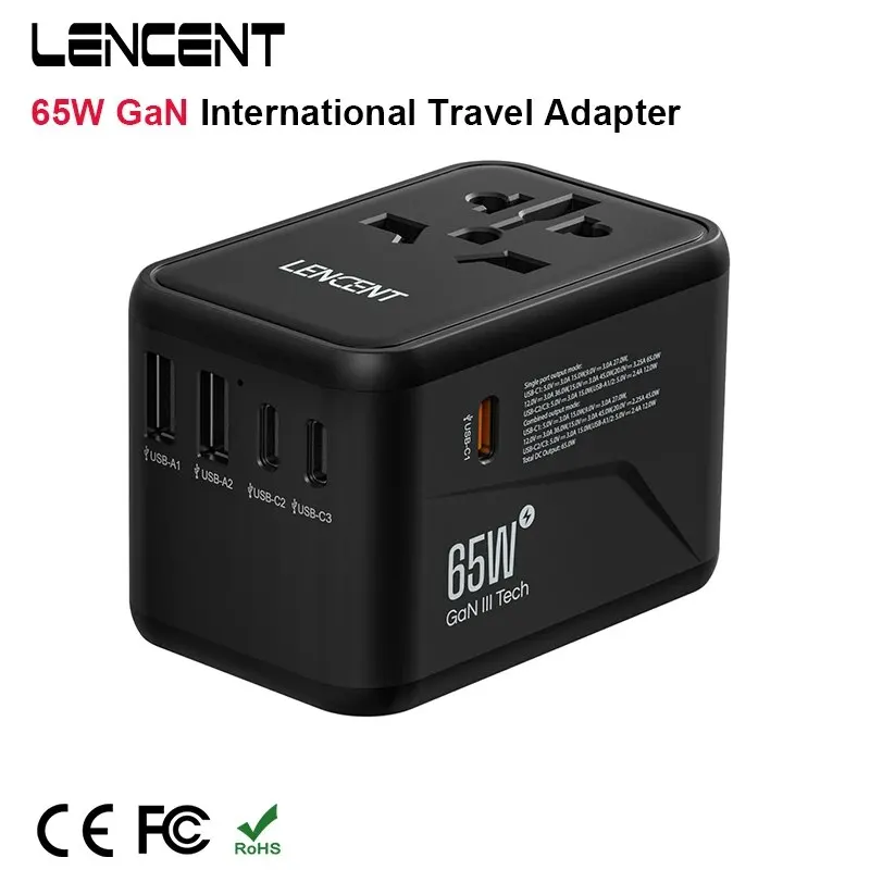 Power Adapter LENCENT 65W/100W GaN International Travel 2USB 3 Type C GaN Fast Charging EU AU US UK Plug