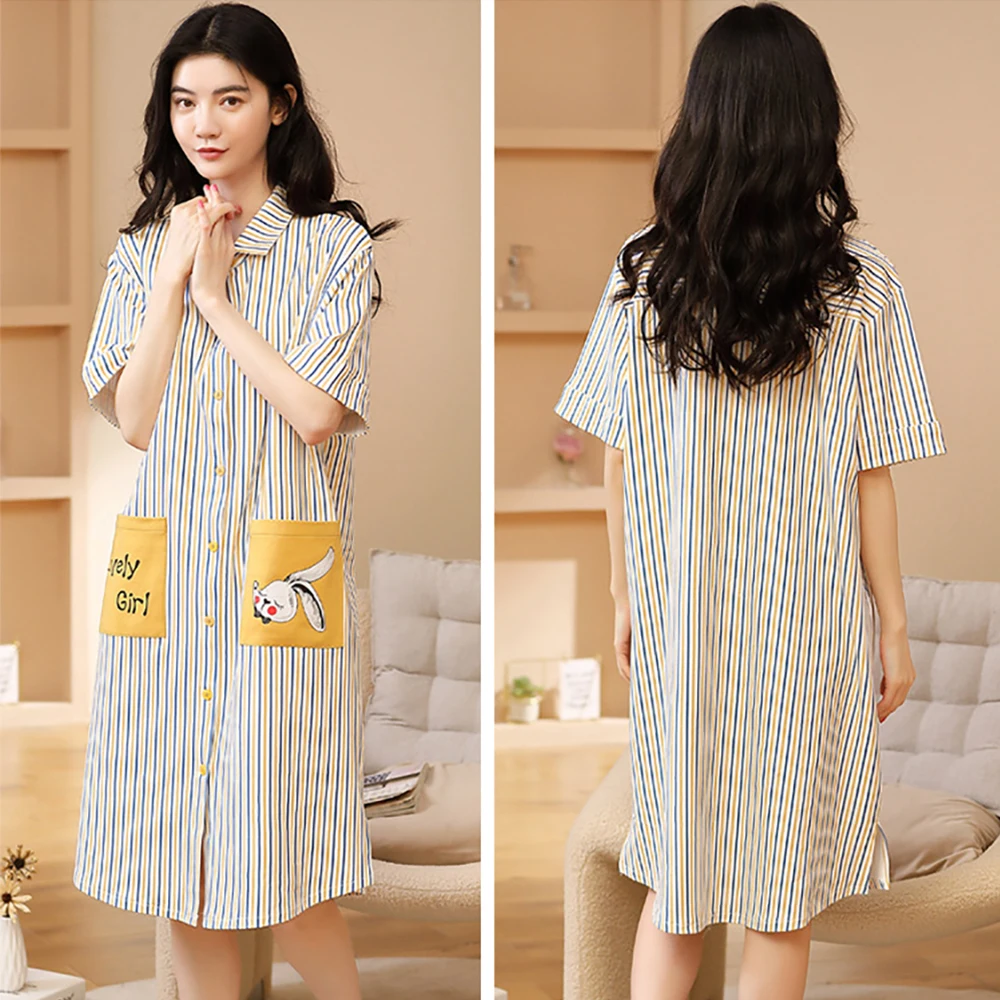 100% Cotton Night Dress Women Korean Style Sweet New Dress Casual Loose Striped Nightgown Summer Thin Breathable Pijama Mujer
