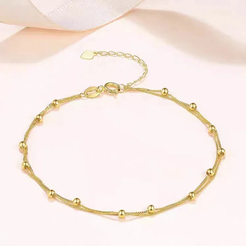 

Real 18K Gold Double Chopin Chain Bracelet Pure AU750 Beads Simple Adjustable Bracelet Fine Jewelry Gift For Women BR004