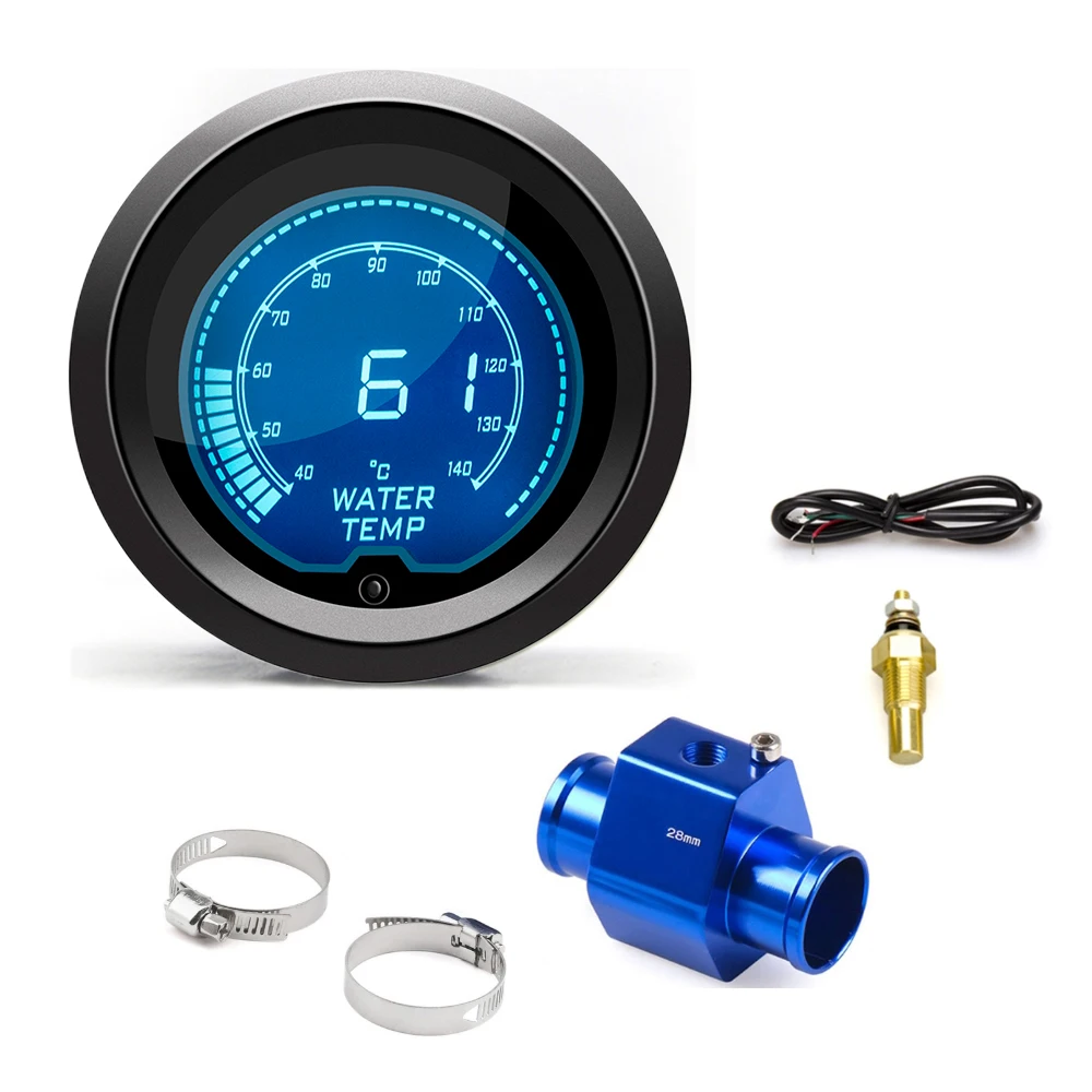2" 52mm Car Water Temp Gauge LCD Digital Display 40~140 ℃ With Water Temp Sensor Joint Pipe Sensor Adapter 1/8NPT