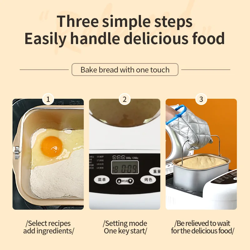 Multifunctional Household Bread Machine 19 Programs 3 Crust Control Toast Efficient Kneading Bread Machine 650-900g 700w