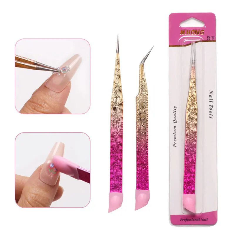 

1Pc Double Ended Nail Art Tweezer with Silicone Pressing Head Rhinestones Sticker Picking Tool Stainless Steel Eyelash Tweezers