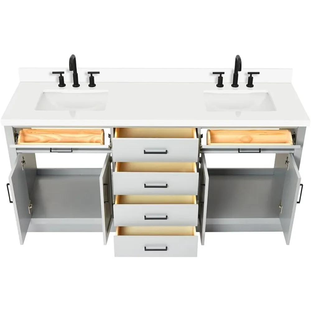 Double Bathroom Vanity 73" Grey, 1.5" Edge Pure White Quartz Countertop & Splash, Sinks, 4 Soft Closing Doors, 6 Full Extension 6