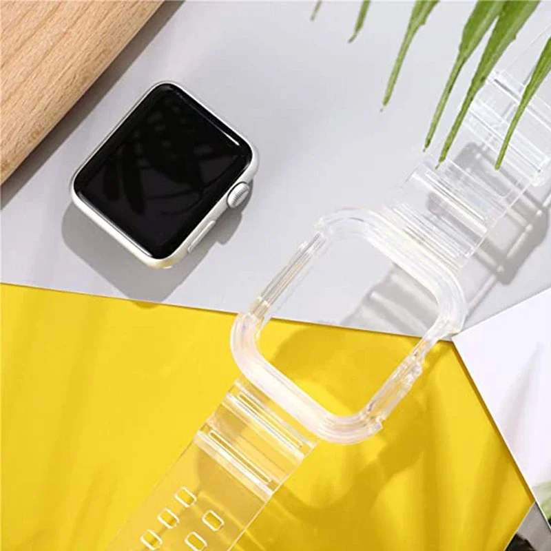 Clear Band + Case for Apple Watch Series 9 8 7 49mm 45mm 44mm 42mm 41mm Transparent Plastic Strap for iwatch 6 SE 5 4 38mm 40mm