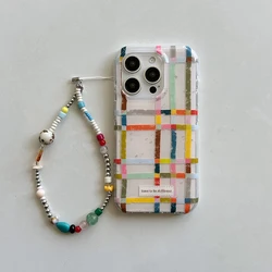 Vibrant Checkered Grid Pattern Colorful Ink Splash Phone Case - Soft Back Cover - iPhone 15 (With Bracelet)