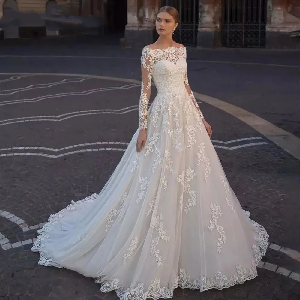 

Vintage 2023 Wedding Dresses A Line Bateau Neck Long Sleeves Sweep Train Bridal Gowns Robe De Mariée Women Marriage