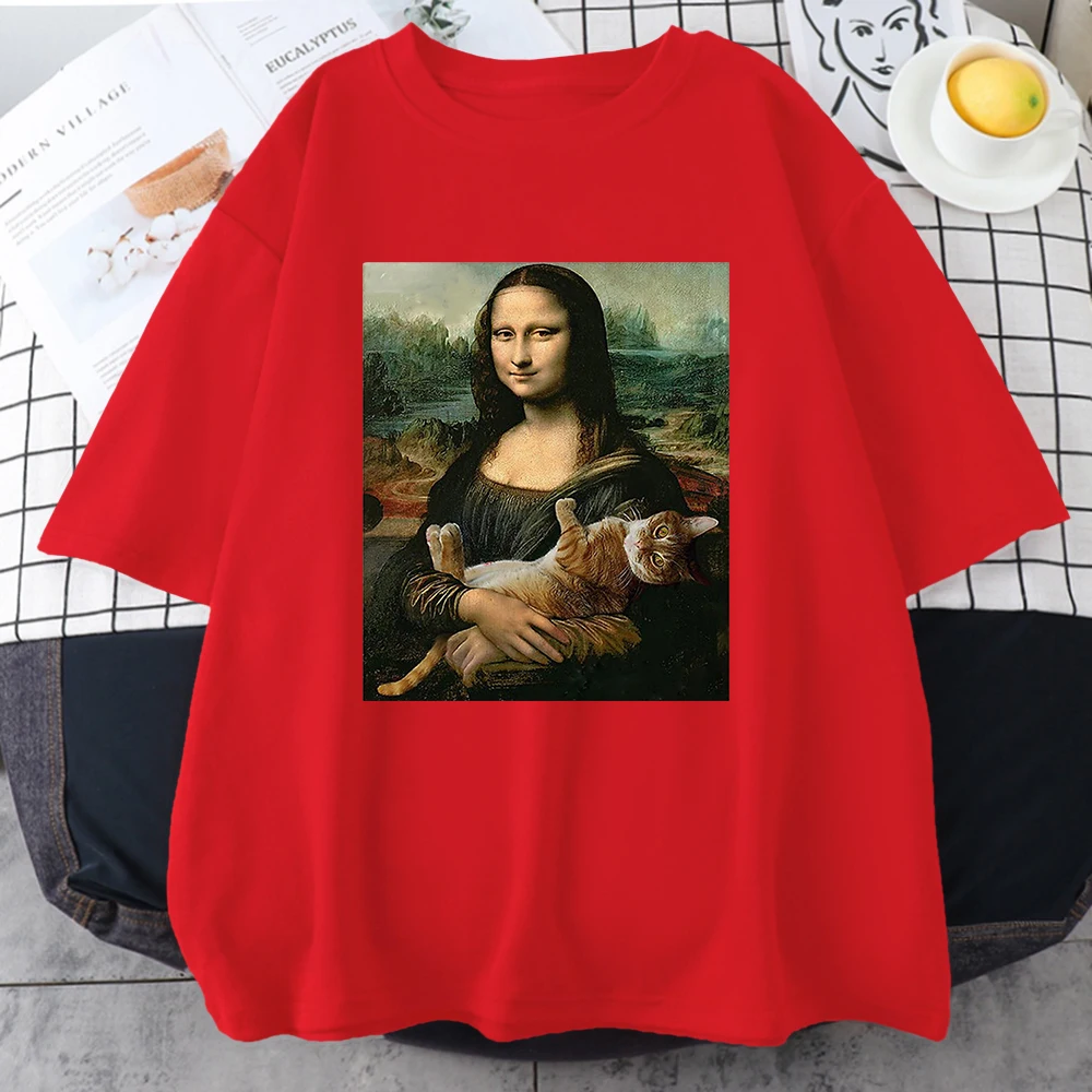 Funny Mona Lisa And Cat Printed T-Shirt For Men Summer Cotton T Shirt Loose Breathable Clothing Street Fashion Casual Short Tees