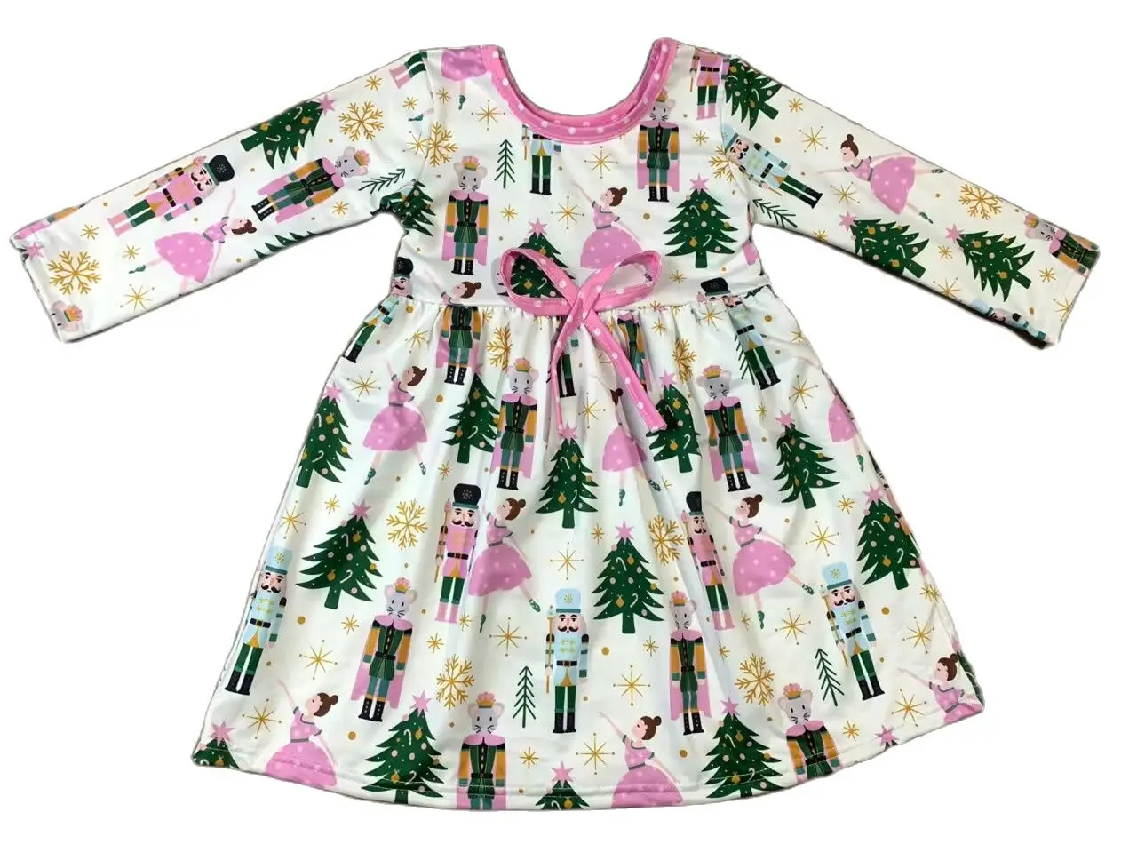 

Милое розовое платье для девочек с надписью "Merry Christmas", одежда для маленьких девочек, платье с длинным рукавом и принтом рождественской елки и солдата, длина до колена