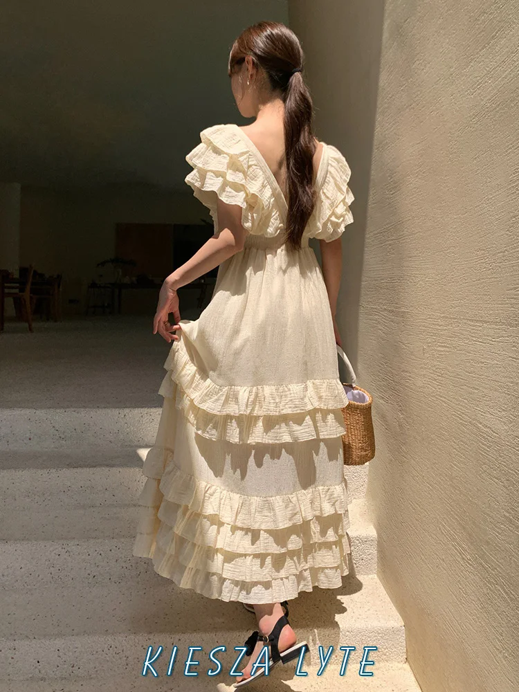 

Платье женское длинное из хлопка и льна, с V-образным вырезом и открытой спиной