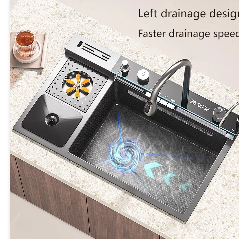 Stainless Steel Kitchen Sink With Waterfall Extra Large Single Slot Cup washer Digital Display Multifunctional Dishwashing Sinks