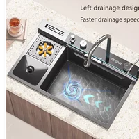 Stainless Steel Kitchen Sink With Waterfall Extra Large Single Slot Cup washer Digital Display Multifunctional Dishwashing Sinks 2