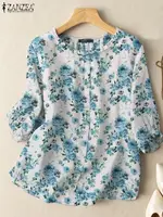 2024 ZANZEA Summer Bohemian Floral Printed Shirt Vintage Holiday Tops Tunic Casual Blouse Women O Neck 3/4 Sleeve Party Blusas - Image 2