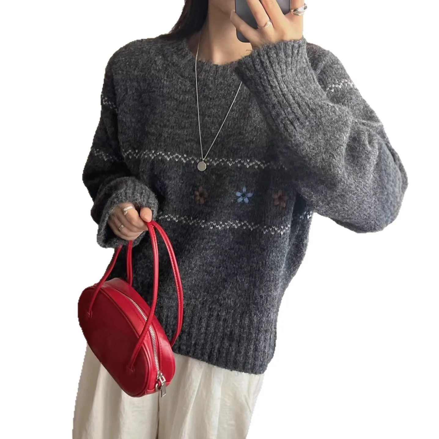 Women Floral Print Long Sleeve Sweater Casual Knitted Pullover
