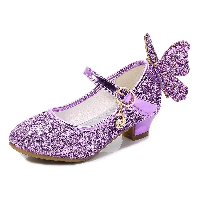 Princess Butterfly Leather Shoes Kids Diamond Bowknot High Heel Children Girl Dance Glitter Shoes Fashion Girls Party Dance Shoe