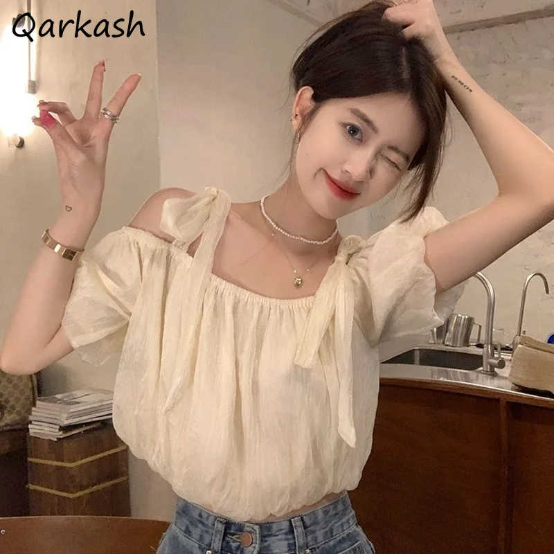 

Slash Neck Blouses for Women Bandage Solid Puff Sleeve Cropped Summer Young Casual All-match Ins Korean Style Fashion Aesthetic