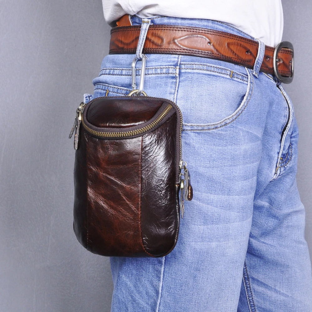 

Genuine Leather Men Small Cross body Shoulder Belt Hook Bags Retro Oil Wax Cowhide Male Hip Bum Fanny Pack Purse Waist Bag