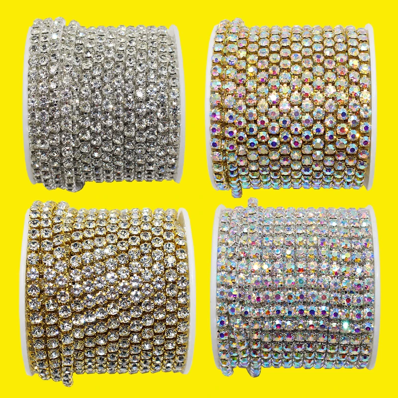 1Yard 10Yards/Roll SS6-SS18 Cristal Strass Chaîne À Coudre Strass À Coller Garniture Coupe Chaîne Pour Vêtements DIY Chaîne Accessoires-Or Base Clair ,SS8-2.5mm,10Yards - Rouleau