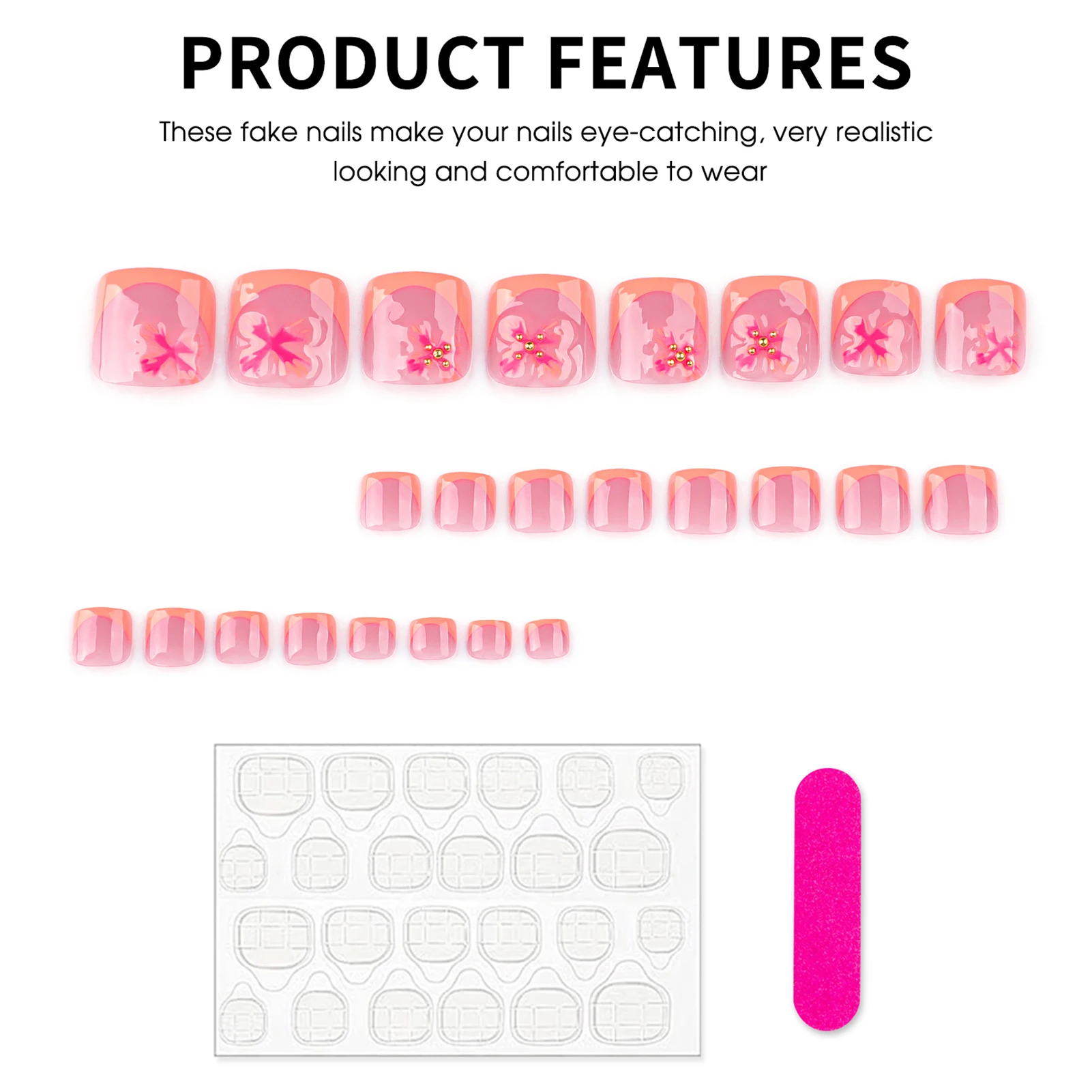 24pcs Charming Flower Pattern Press On Nails For Foot Vitality Orange French Style False Toenails Pink Short Square Fake Toenail, view 5