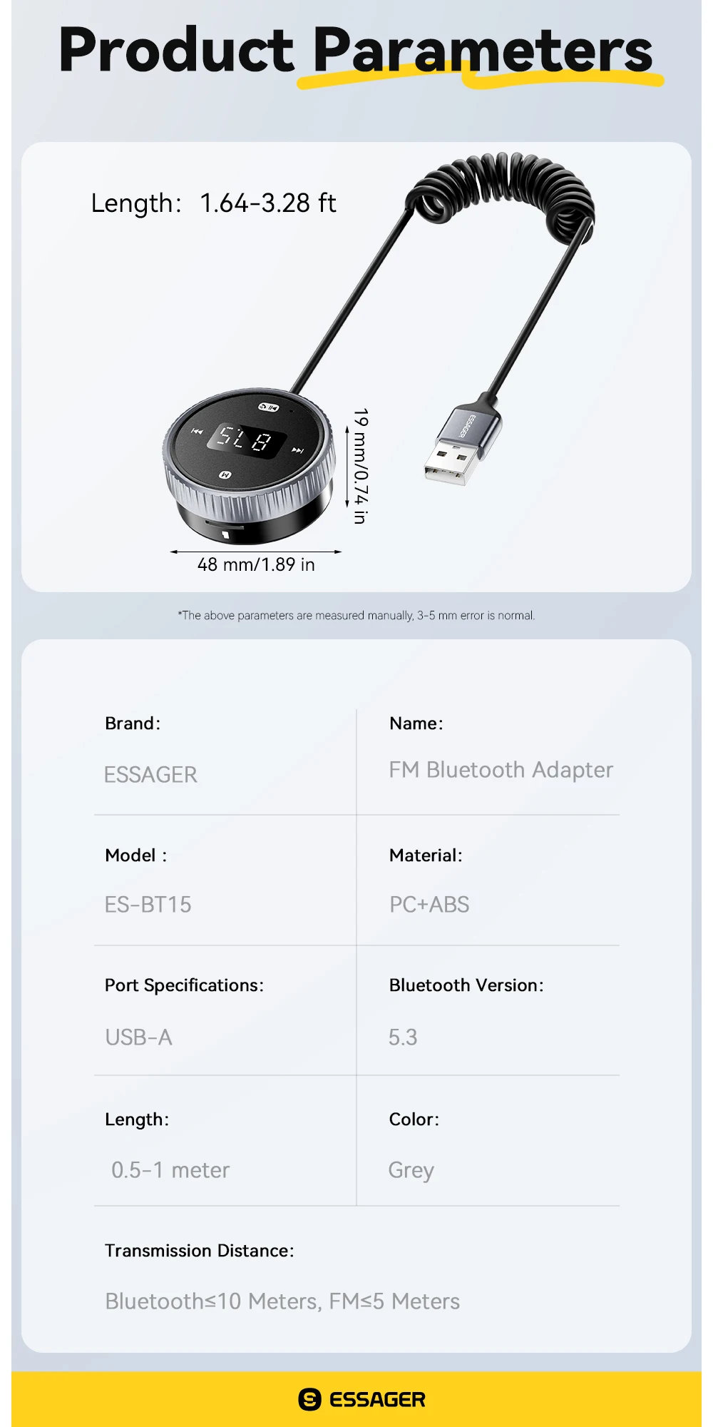 Car Bluetooth 5.3 FM Transmitter Built-in Mic Handsfree LED Display 3.5mm AUX Ad