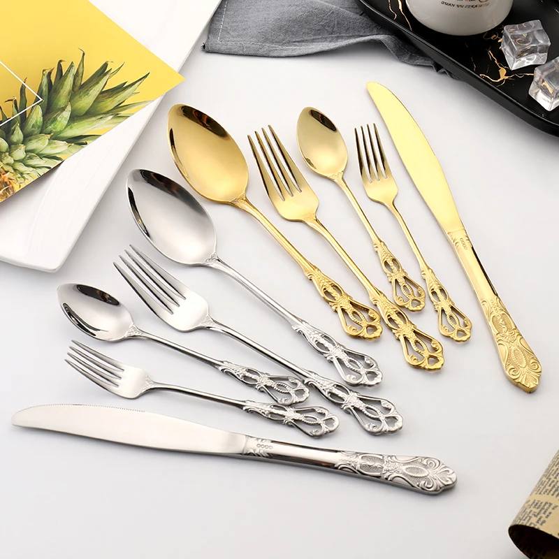 

4pcs/16pcs Royal Style Gold Stainless Steel Cutlery set Soup Spoon Kitchen forks Dinnerware Household Knife Fork Spoon TeaSpoon