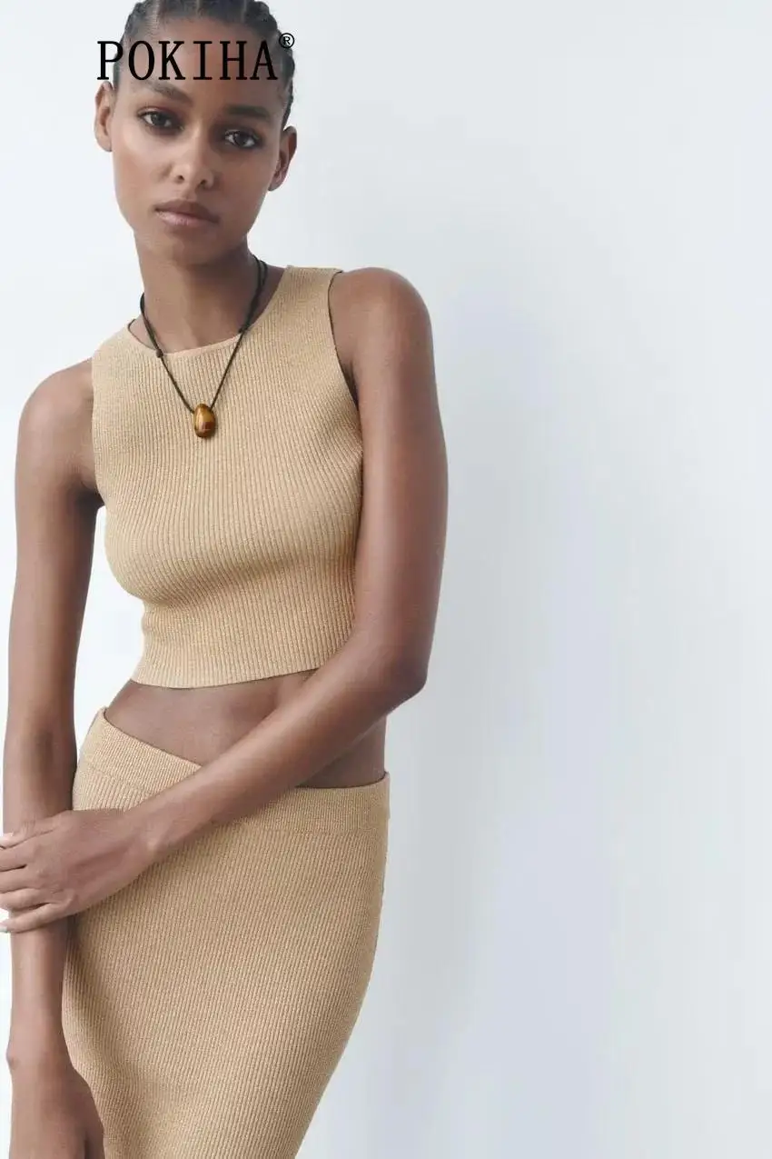 Pokiha Mode Frauen Metallic Stricken Cropped Tank Tops Und Dünne Elastische Taille Split Midi Röcke Weibliche Chic Zwei Stück_voghion.com