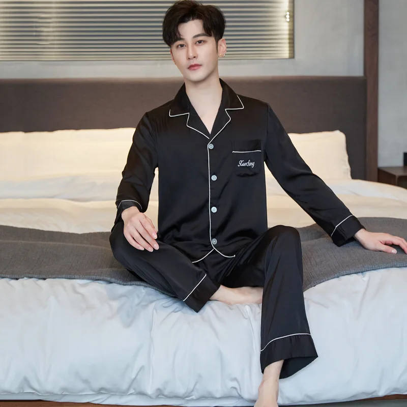 Ice Silk Men's Pajamas Long-sleeved Cardigan Lapel Suit Large Size Loose Home Clothes Summer Spring Sleepwear Set mens sleepwear set Men's Sleep & Lounge