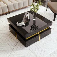 ​ ​ Table basse noire brillante – Tiroirs de rangement et plateau miroir avec garniture dorée, table d'appoint moderne pour le salon ​ ​ 1