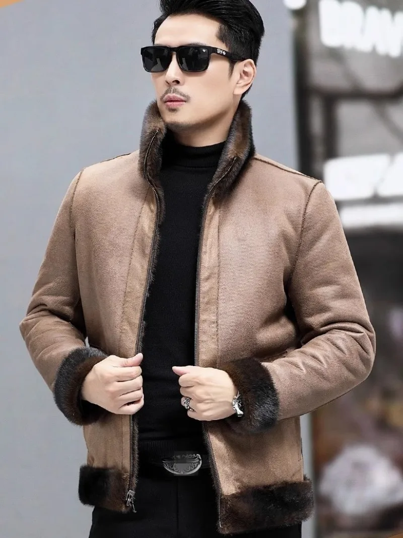 Description Picture 5 of itemLuxury Mens Faux Fur Coat Winter Fashion Stand Collar Long Sleeve Business Casual Double-Sided Jacket Male Outerwear Short Coats