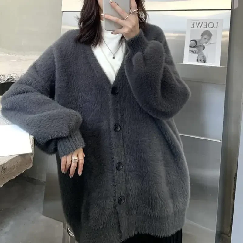 

Ladies Sweaters Cardigan Winter Button V-neck Grey Knitted Top for Women Cashmere Autumn 2023 Jumper Crochet Cold Clothing Trend