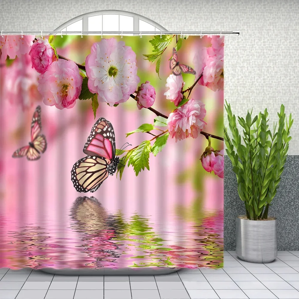 

Butterfly Flower Bathroom Shower curtain Nature View Bathroom Bathtub Partition Waterproof Curtain Home Decor