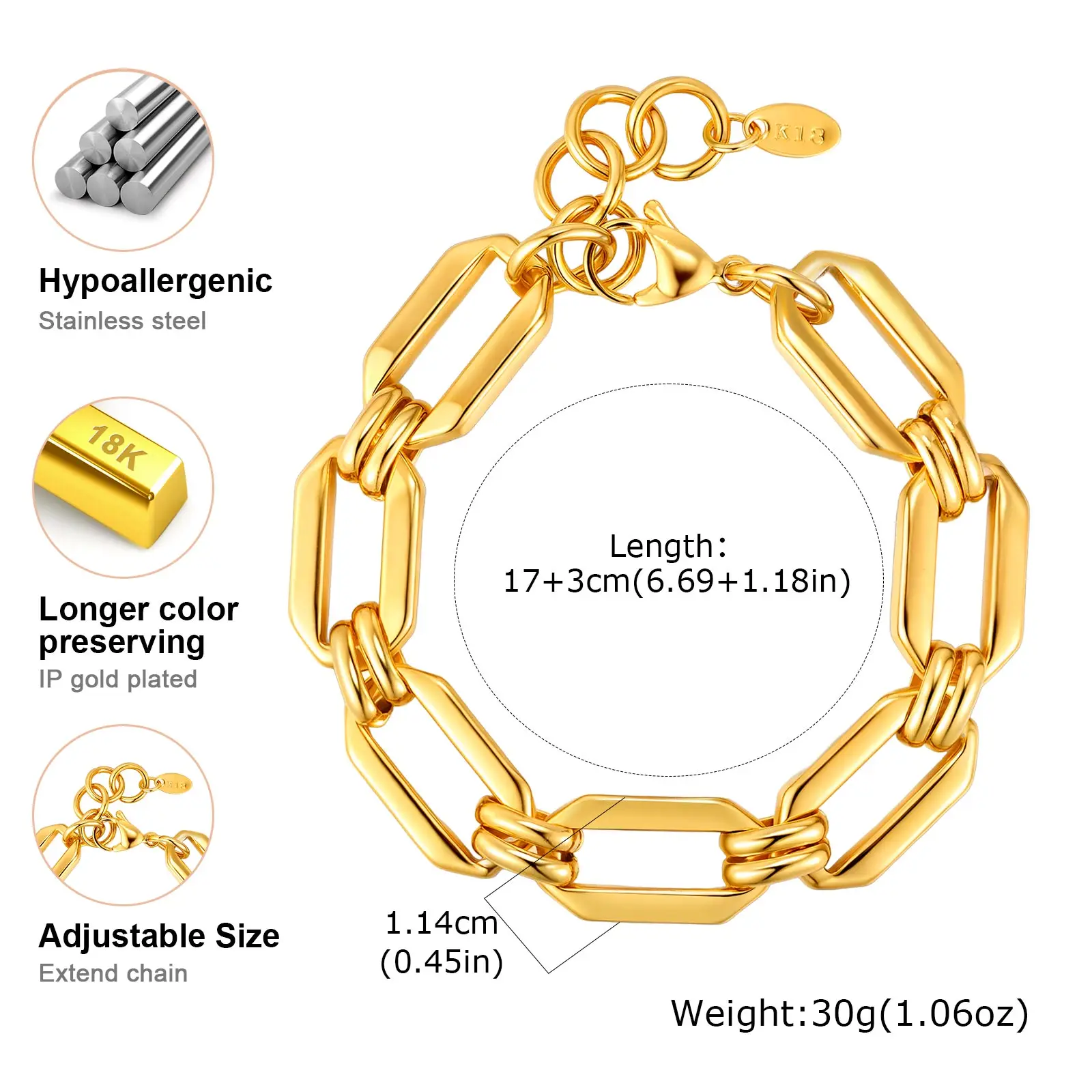Minimalistisches klobiges Kettenarmband aus Edelstahl, goldfarbenes stapelbares dickes Kettenarmband, wasserdichter Partyschmuck für Frauen – Detail 11