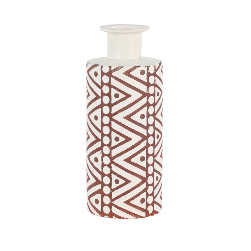 

- 5” x 12” Cylinder Style Tribal Pattern Large White Ceramic Vase