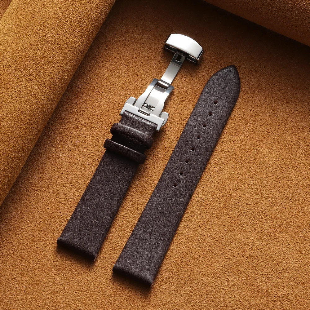 Sleek Genuine Leather Watch Band with Butterfly Buckle