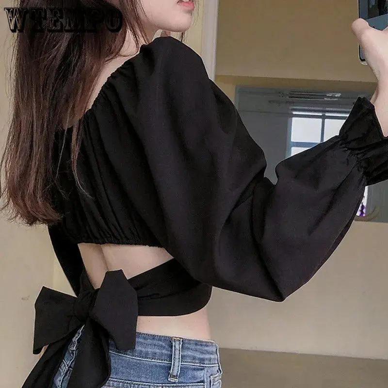 

WTEMPO Women Solid Slim Sexy Cropped Tops Bubble Sleeve Bow Bandage French Square Collar Shirts Female Summer Chic Casual Tops