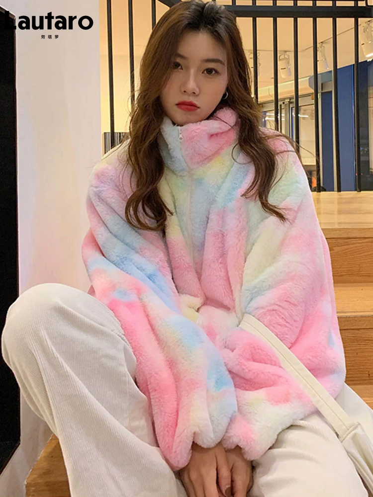 lautaro-winter-zip-up-colorful-rainbow-faux-fur-coat-women-oversized-warm-soft-kawaii-fluffy-jacket-tie-dye-korean-fashion-2021