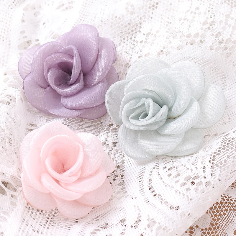 Elegant White Chiffon Camellia Rose Fabric Flowers - Set of 8