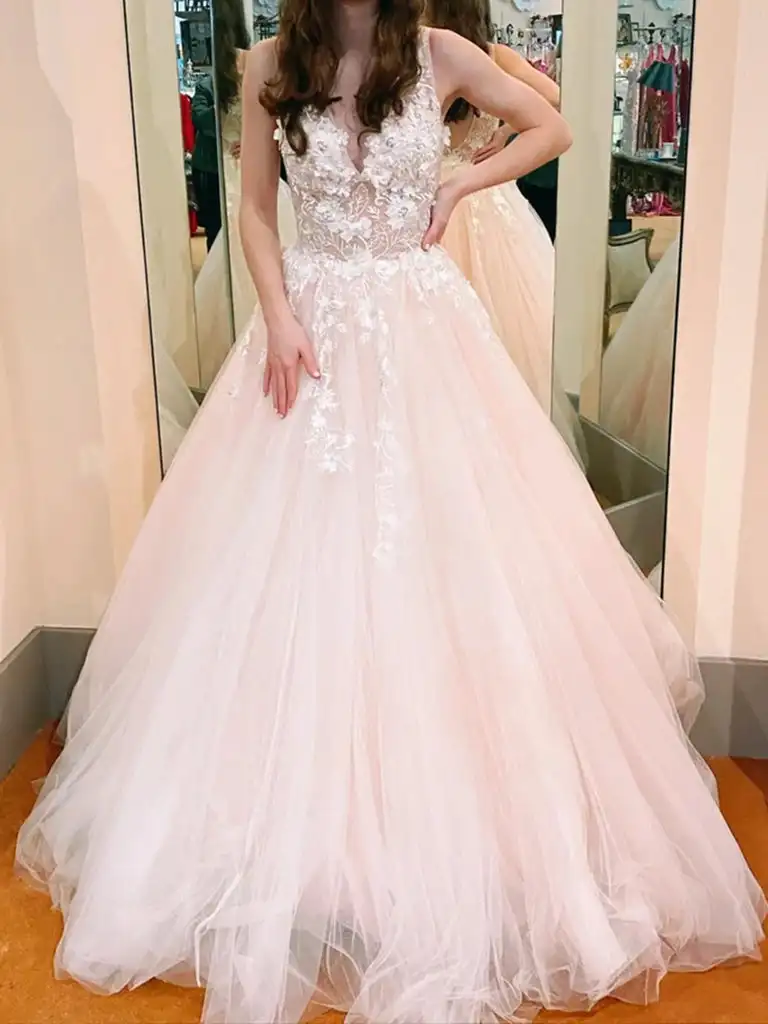 

Light Pink Prom Dresses Tulle Lace Floral V Neck Sleeveless A Line Long Floor Length Backless Elegant Evening Gowns Party