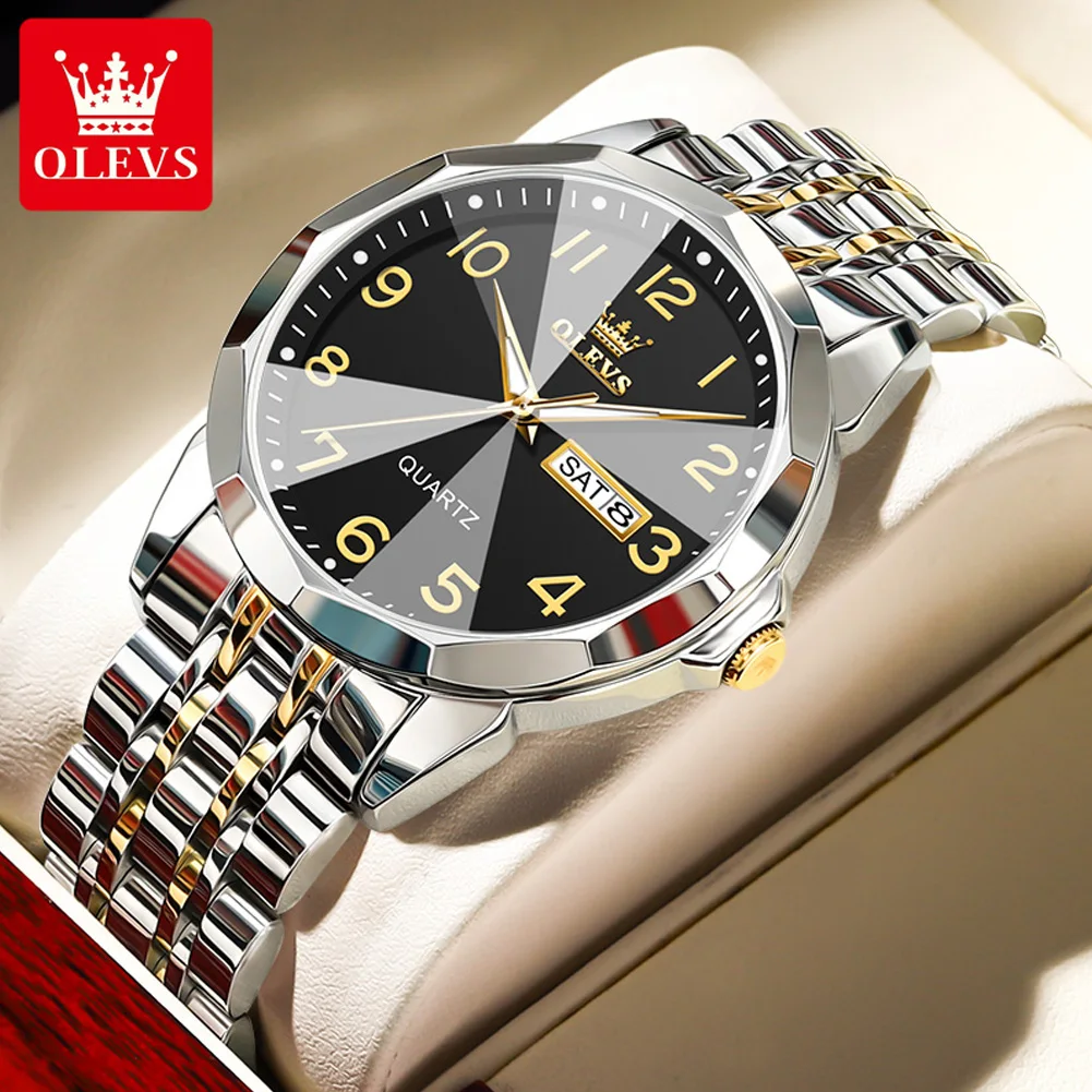 Olevs Watch for Men Diamond Business Dress Analog Quartz Stainless Steel Waterproof Luminous Date Two Tone Luxury Casual Wrist Watch